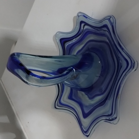 Blue & clear swirl Art Glass umbrella dish with handle vintage - Picture 3 of 7